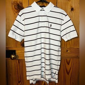 Polo by Ralph Lauren Men’s White and Maroon Striped Polo - Medium